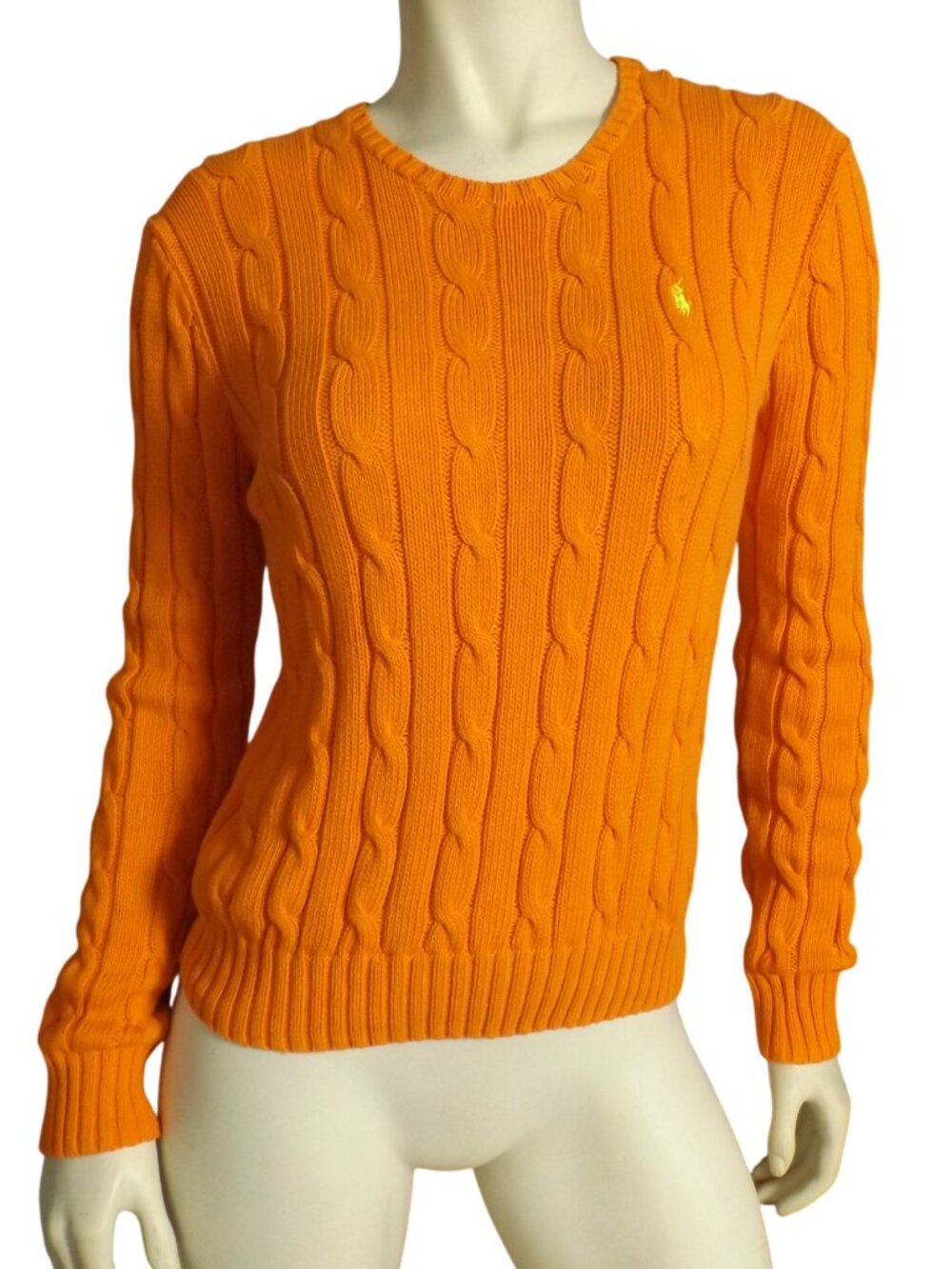 RALPH LAUREN POLO Sweater, M, Orange/Yellow Pony, Cable Knit, Long sleeve Cotton